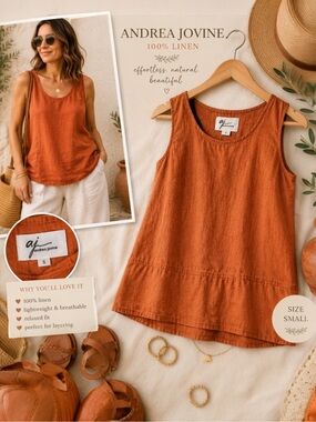 Andrea Jovine 100% Linen Sleeveless Boxy Lagenlook Boho Chick Minimalist Tank S